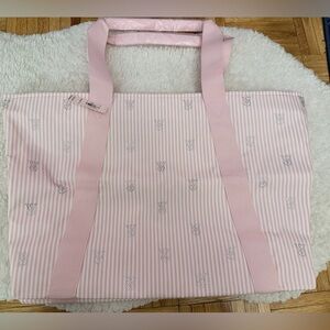 🎀 New Victoria’s Secret Large Pink Striped Tote Bag with rhinestones logos